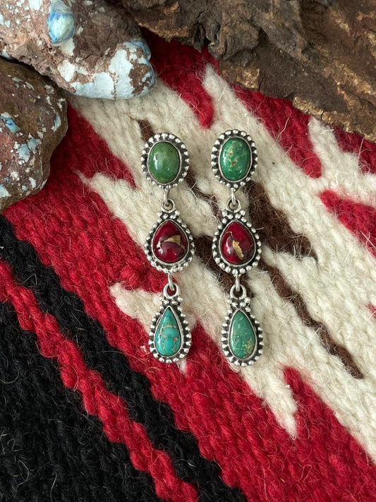 Handmade Sterling Silver Dahlia Rose with Emerald Valley Turquoise Post Earrings "Signed Nizhoni"