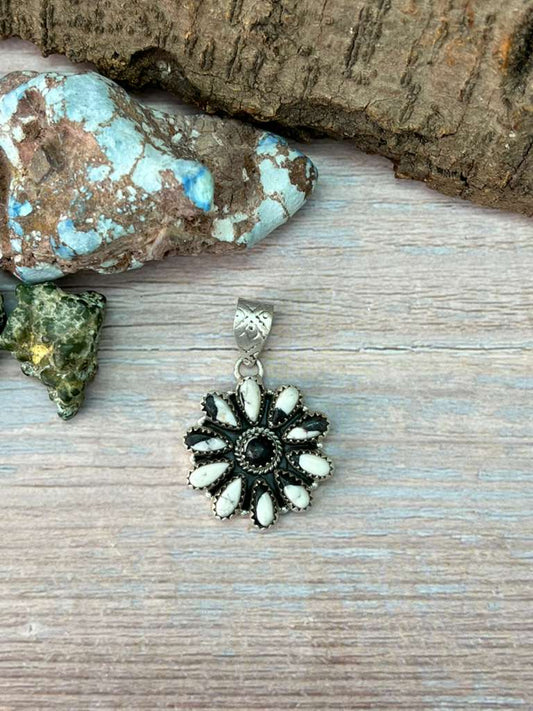 Handmade Sterling Silver White Buffalo Turquoise Pendant with Signed Nizhoni