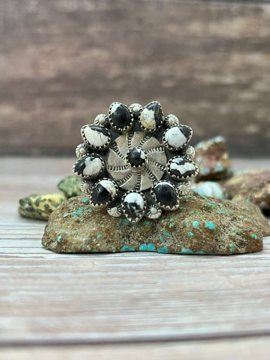 Handmade Sterling Silver White Buffalo Adjustable Ring "Signed Nizhoni" (1)