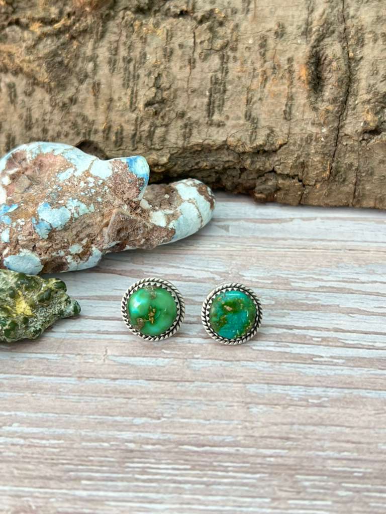 Handmade Sterling Silver Sonoran Mountain Turquoise Post Studs with Signed Nizhoni