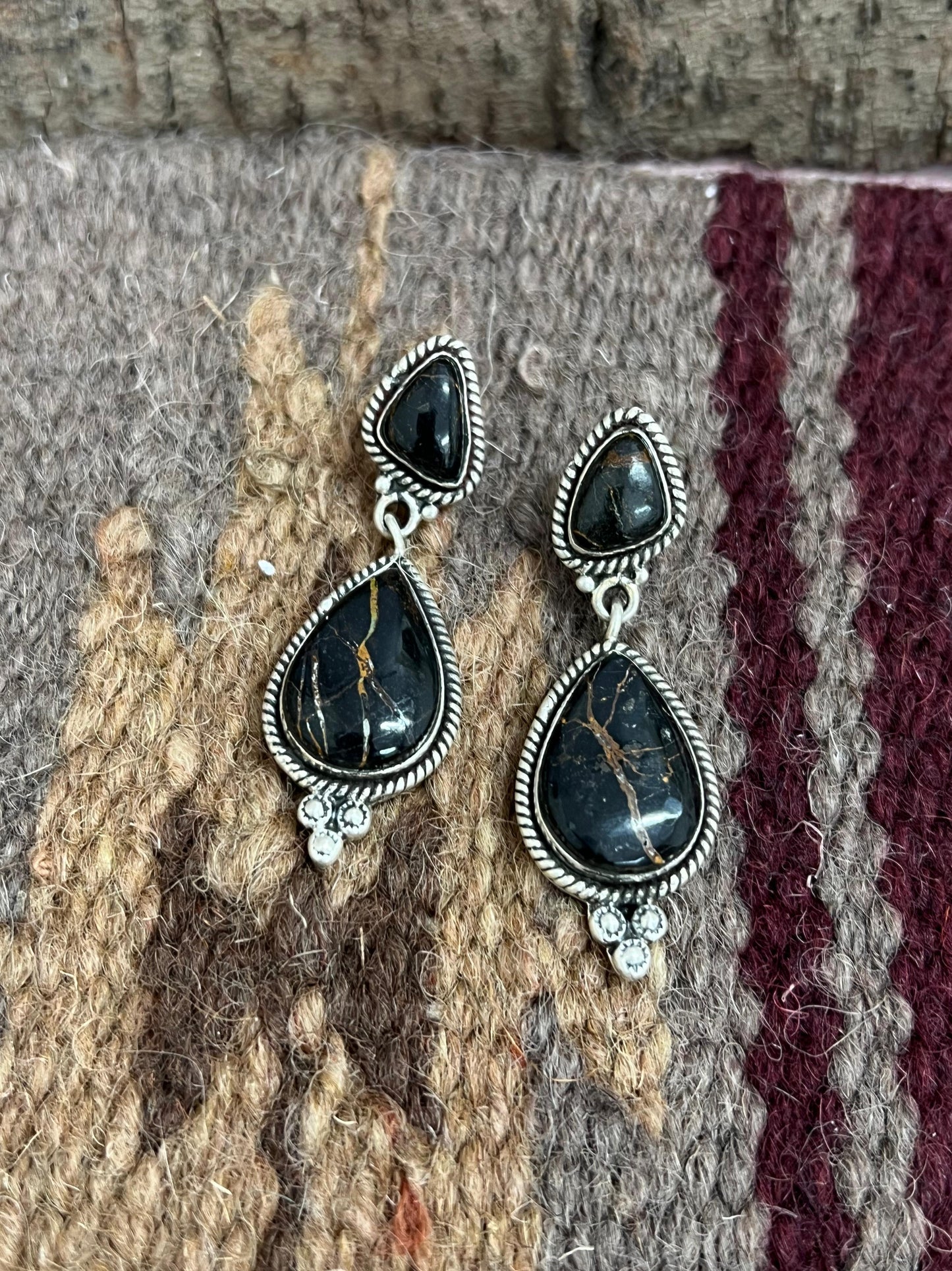 Handmade Sterling Silver Black Jack Dangle Earrings with Signed Nizhoni