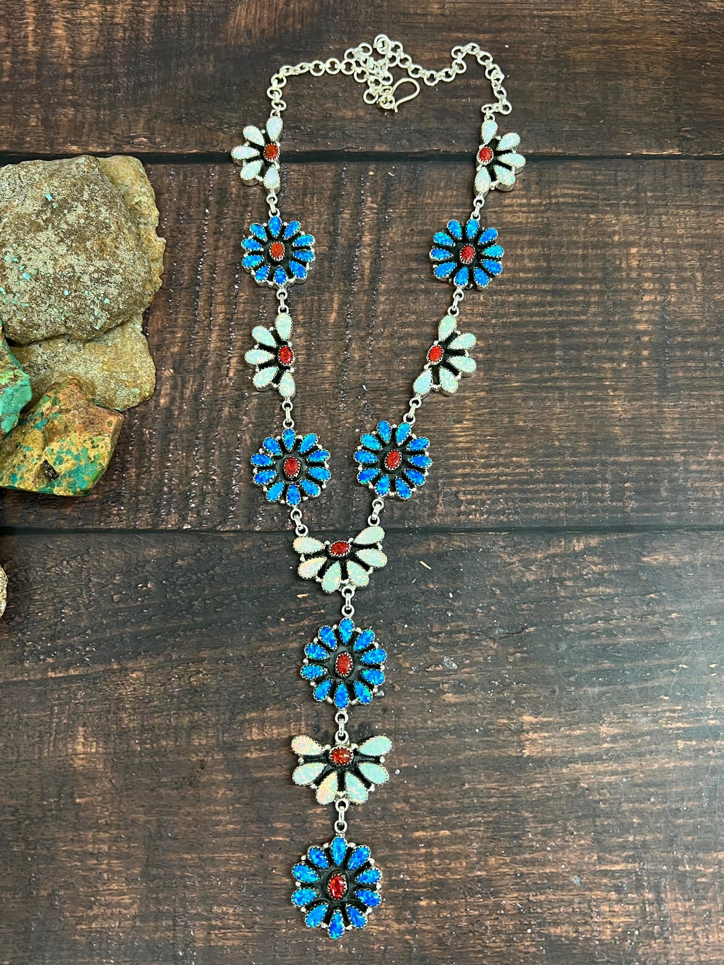 ** 4TH OF JULY ** Handmade Sterling Silver Synthetic Opal Necklace with Signed Nizhoni