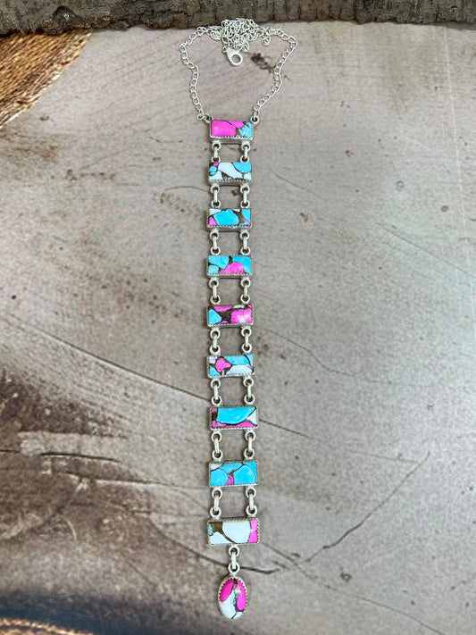 Handmade Sterling Silver Cotton Candy Turquoise Stairs Necklace with Signed Nizhoni