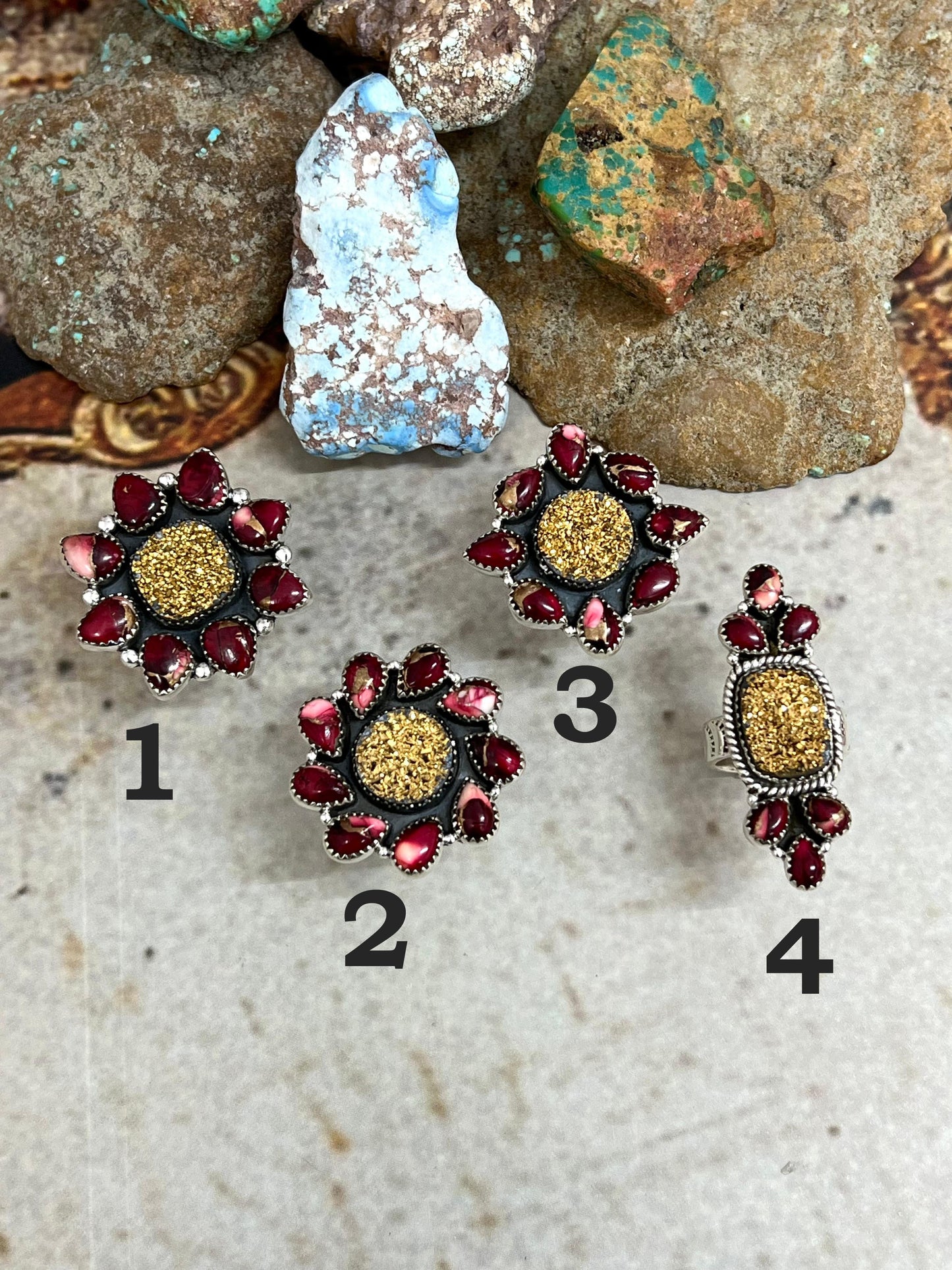 Handmade Sterling Silver Dahlia Rose with Druzy Adjustable Ring, Signed Nizhoni (8)