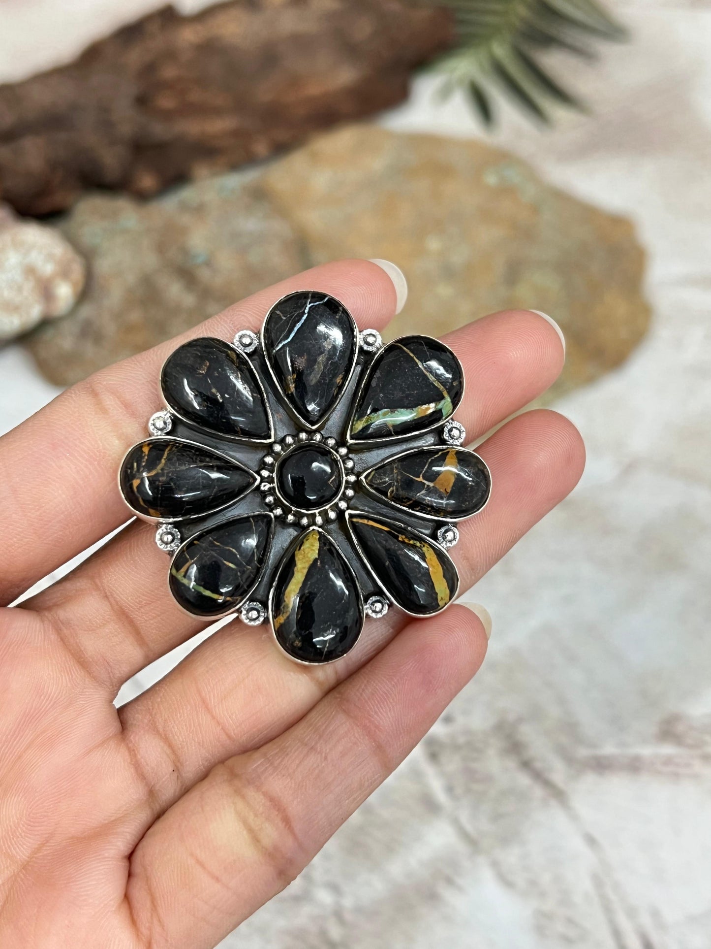 Handmade Sterling Silver Blackjack Turquoise Adjustable Ring Signed Nizhoni