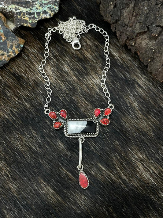 Handmade Sterling Silver White Buffalo with Red Opal Necklace "Signed Nizhoni"