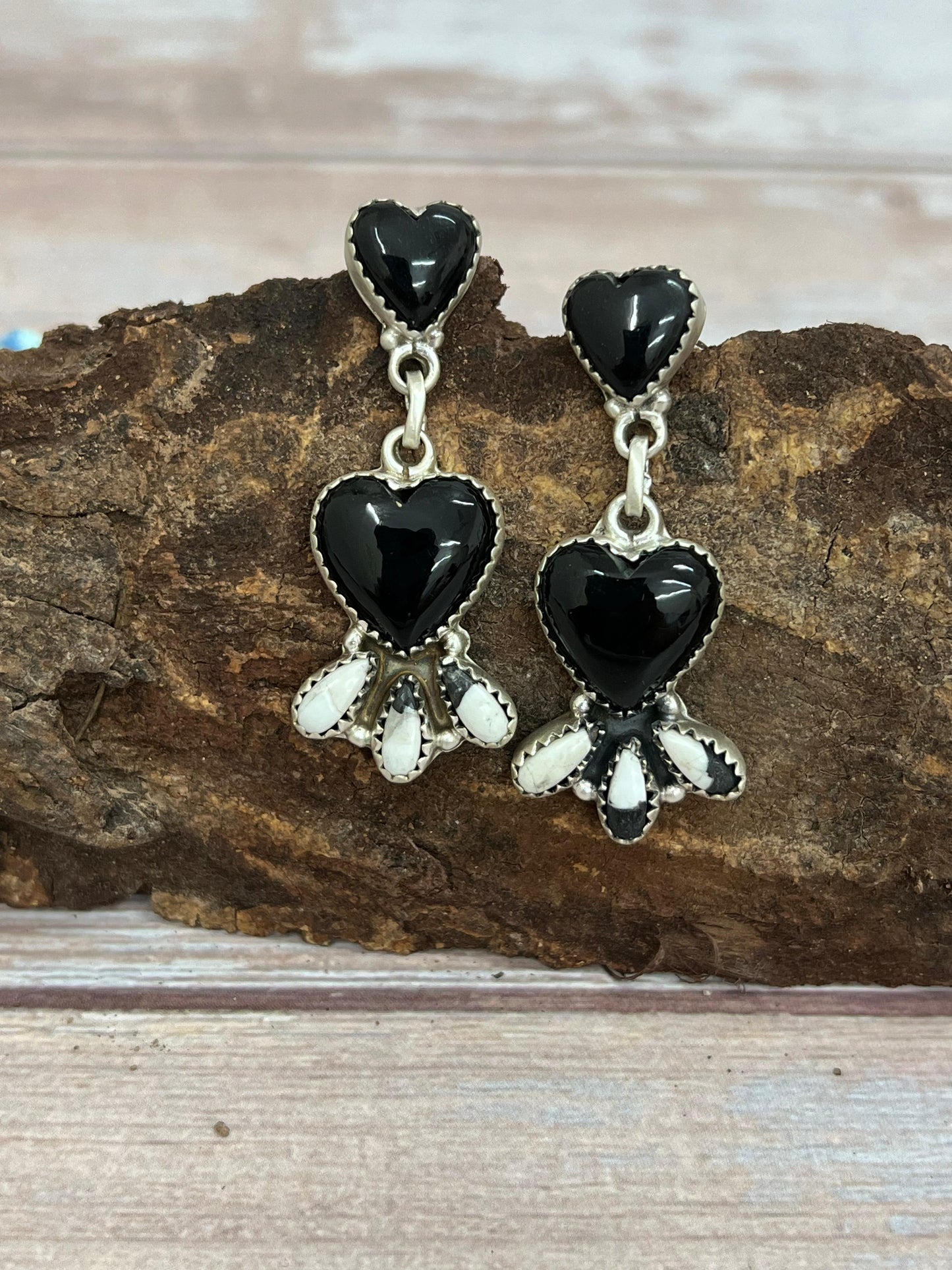 Handmade Sterling Silver and Black Onyx with White Buffalo Turquoise Dangle Earrings, Signed Nizhoni