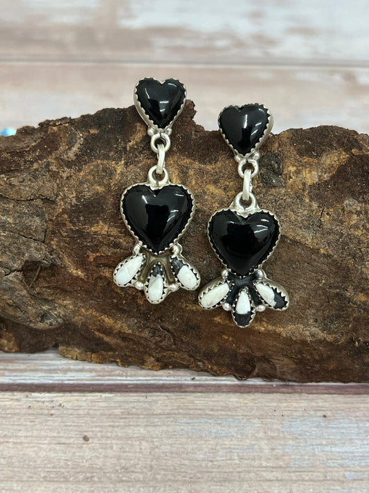 Handmade Sterling Silver and Black Onyx with White Buffalo Turquoise Dangle Earrings, Signed Nizhoni