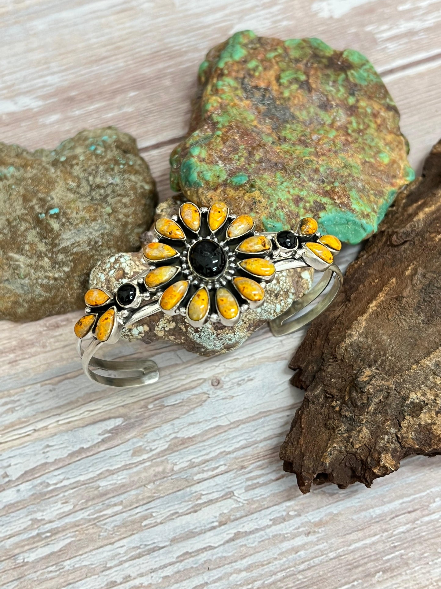 "Halloween Collection" Handmade Sterling Silver Black Onyx, Bumblebee Cuff Bracelet with Signed Nizhoni