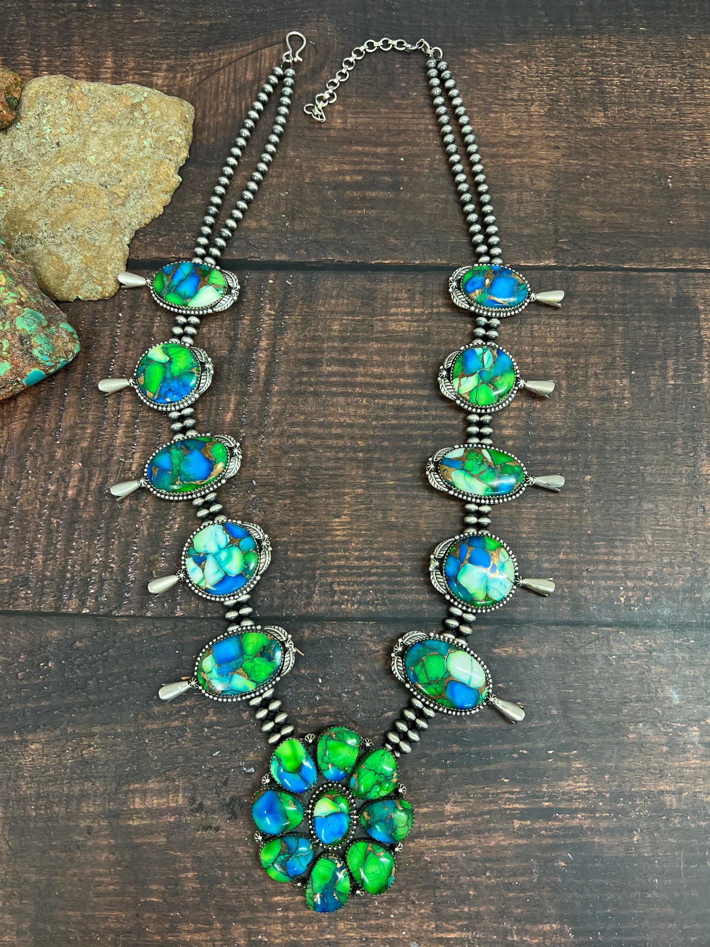 Handmade Sterling Silver Peacock Dahlia Beaded Necklace with Signed Nizhoni