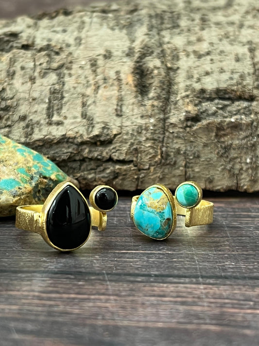 “The Golden Collection” Natural Kingman Turquoise, Black Onyx Adjustable Tear Dot Ring