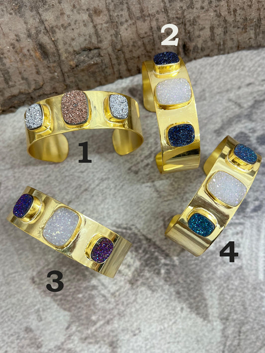 “The Boho Collection” Handmade Natural Gold Plated 3 Stone Druzy Cuff Bracelet