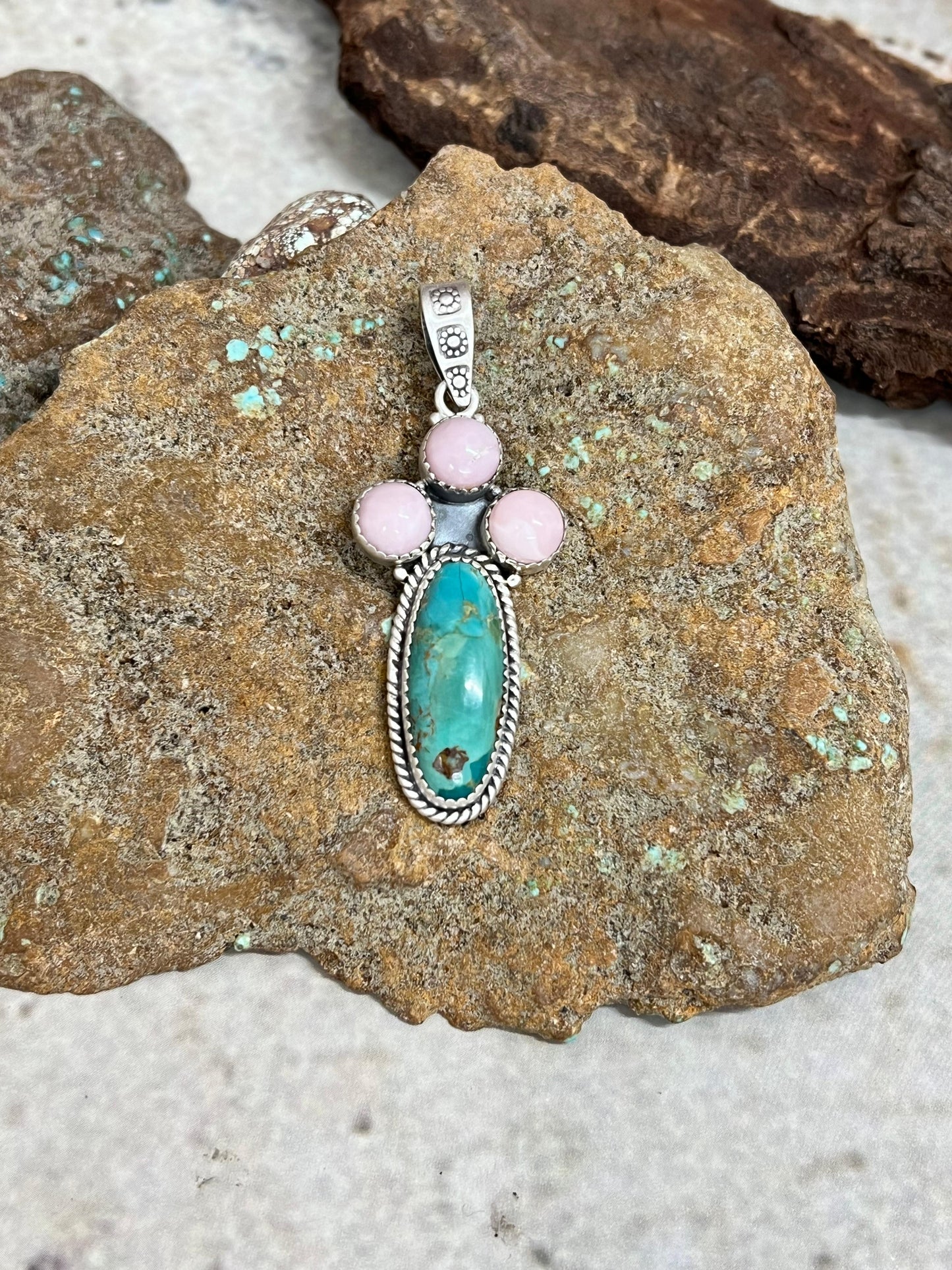 Handmade Sterling Silver Kingman with Pink Opal Pendant Signed Nizhoni