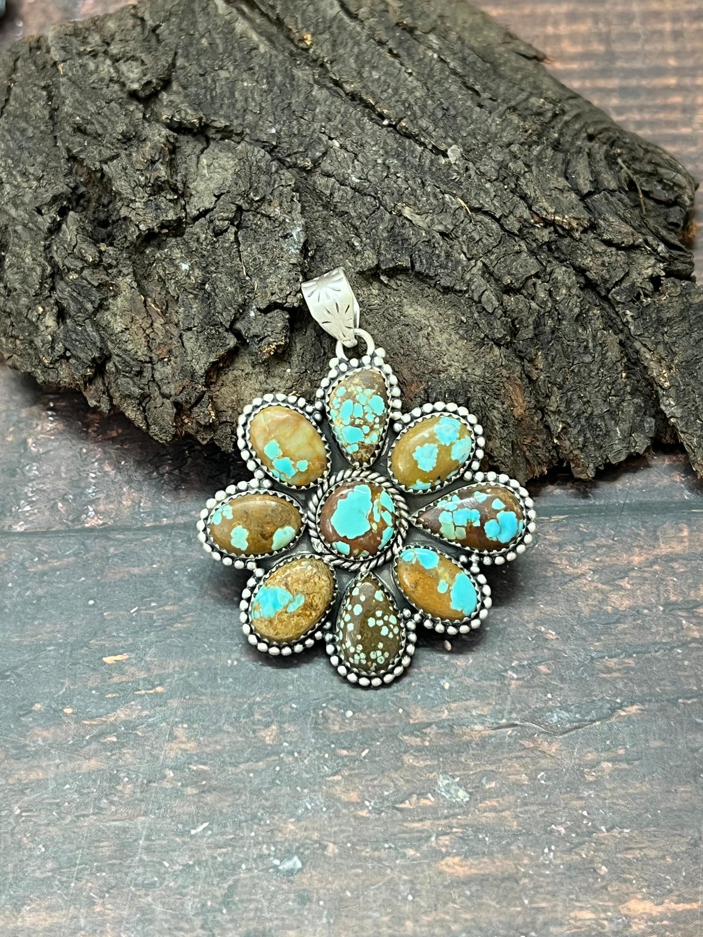 Handmade Sterling Silver Number 8 Turquoise Pendant with Signed Nizhoni