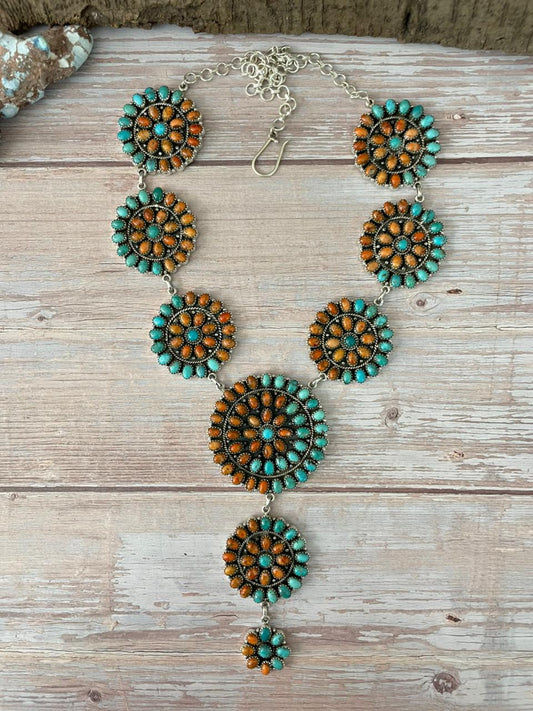 Handmade Sterling Silver Orange Mojave with Kingman Turquoise Necklace "Signed Nizhoni"