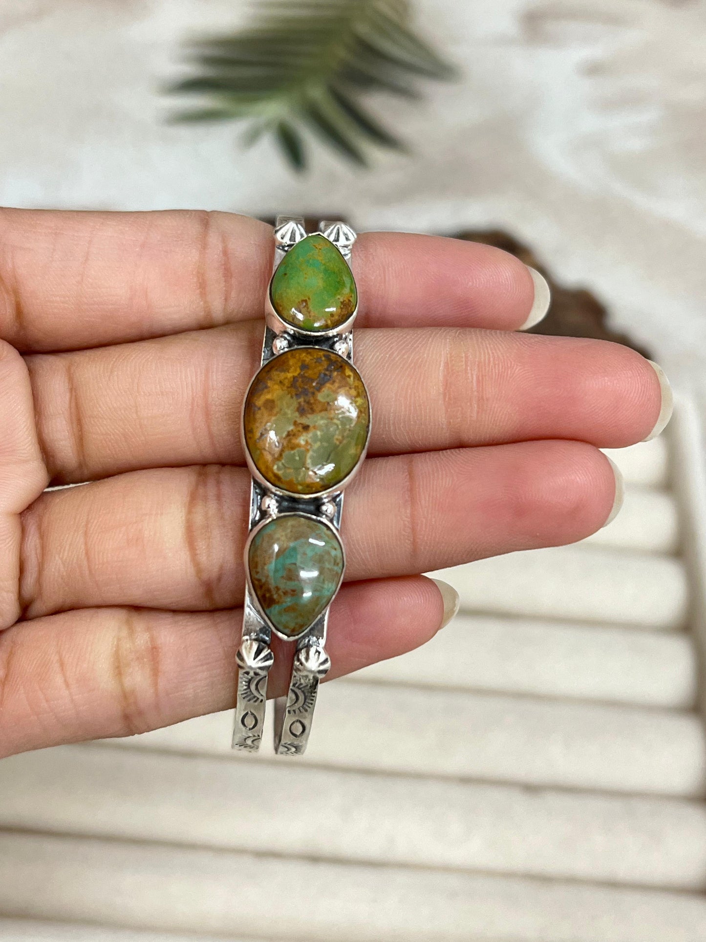 Handmade Sterling Silver Old Stock Royston Turquoise Bracelet with Signed Nizhoni