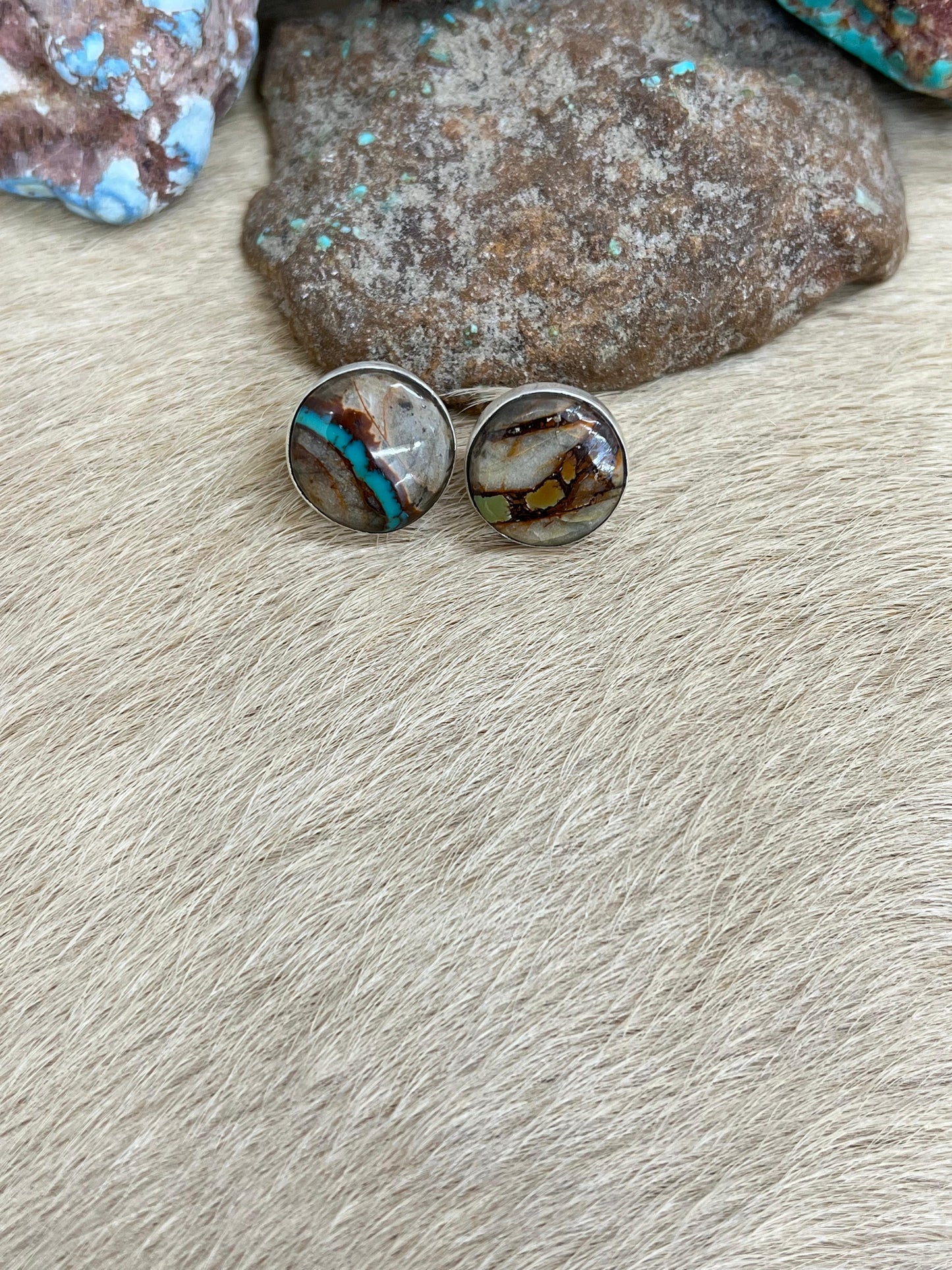 Handmade Sterling Silver Ribbon Royston Studs with Signed Nizhoni
