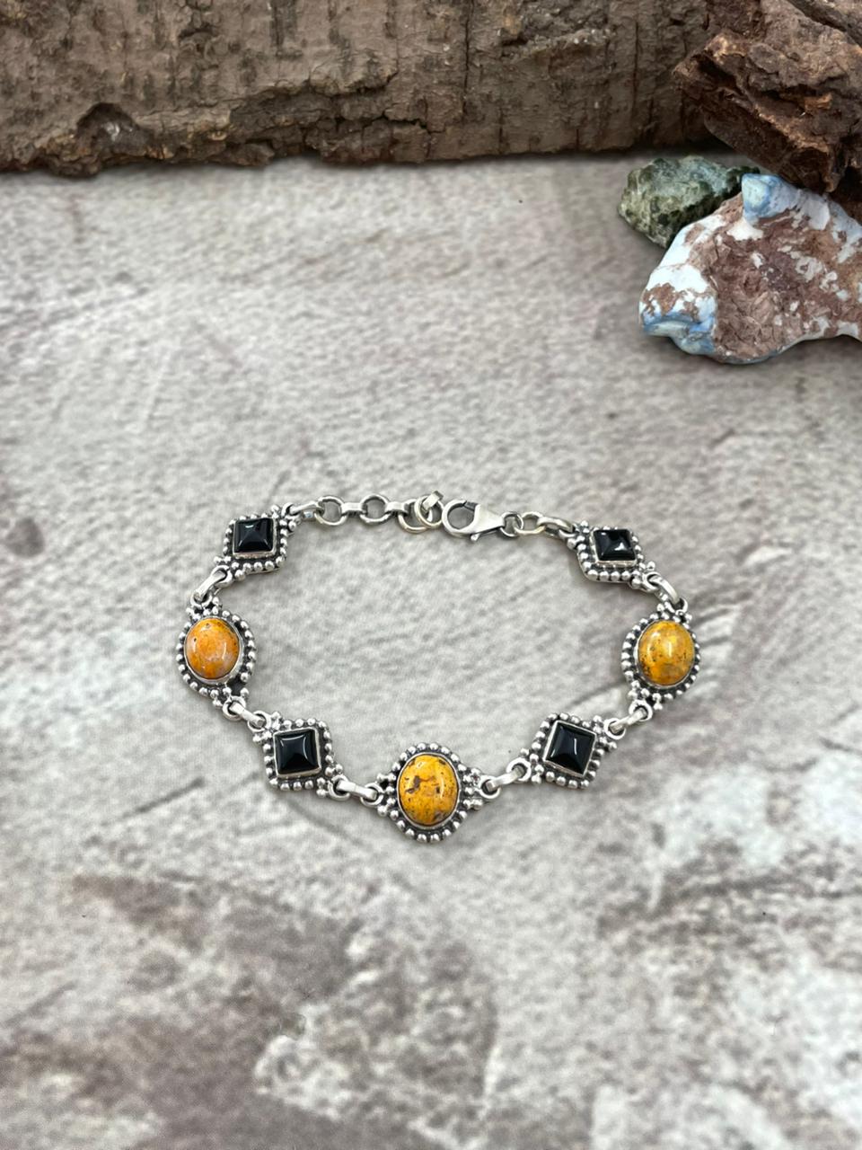 Halloween Collection" Handmade Sterling Silver Black Onyx, Bumblebee Chain Bracelet with Signed Nizhoni