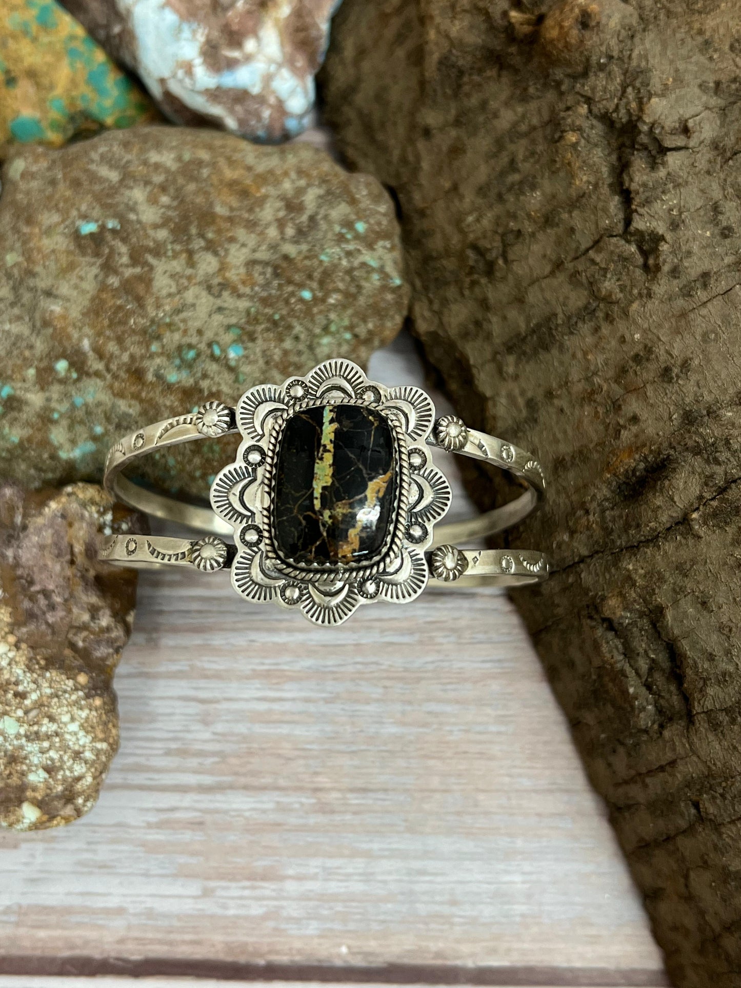 Handmade Sterling Silver Black Jack Cuff Bracelet with Signed Nizhoni