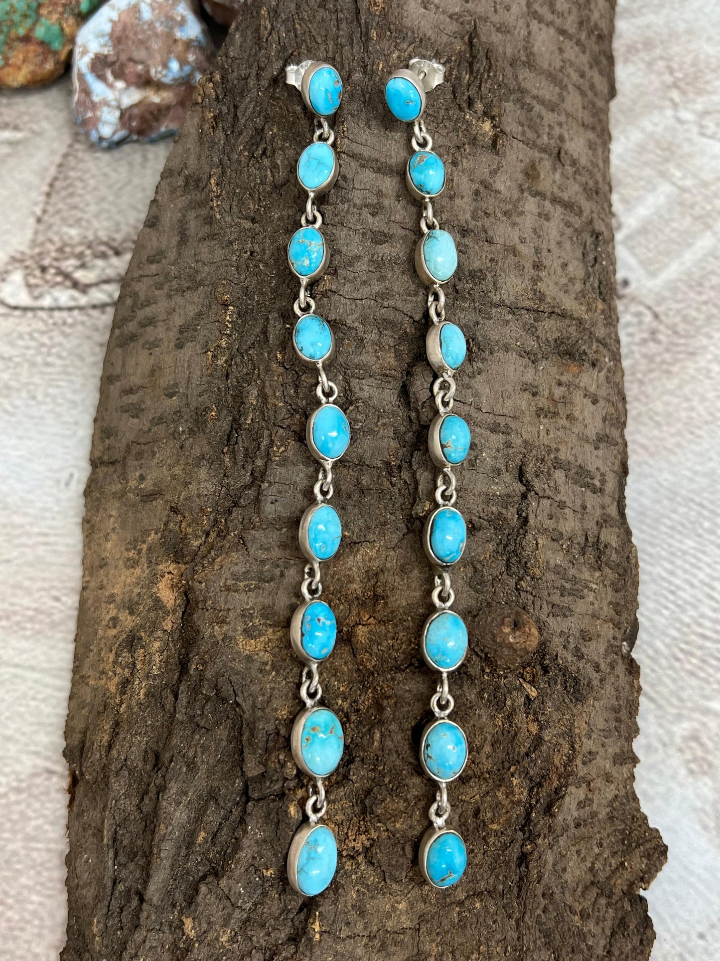Handmade Sterling Silver Blue Bird Turquoise Dangle Earrings with Signed Nizhoni 9 Stone