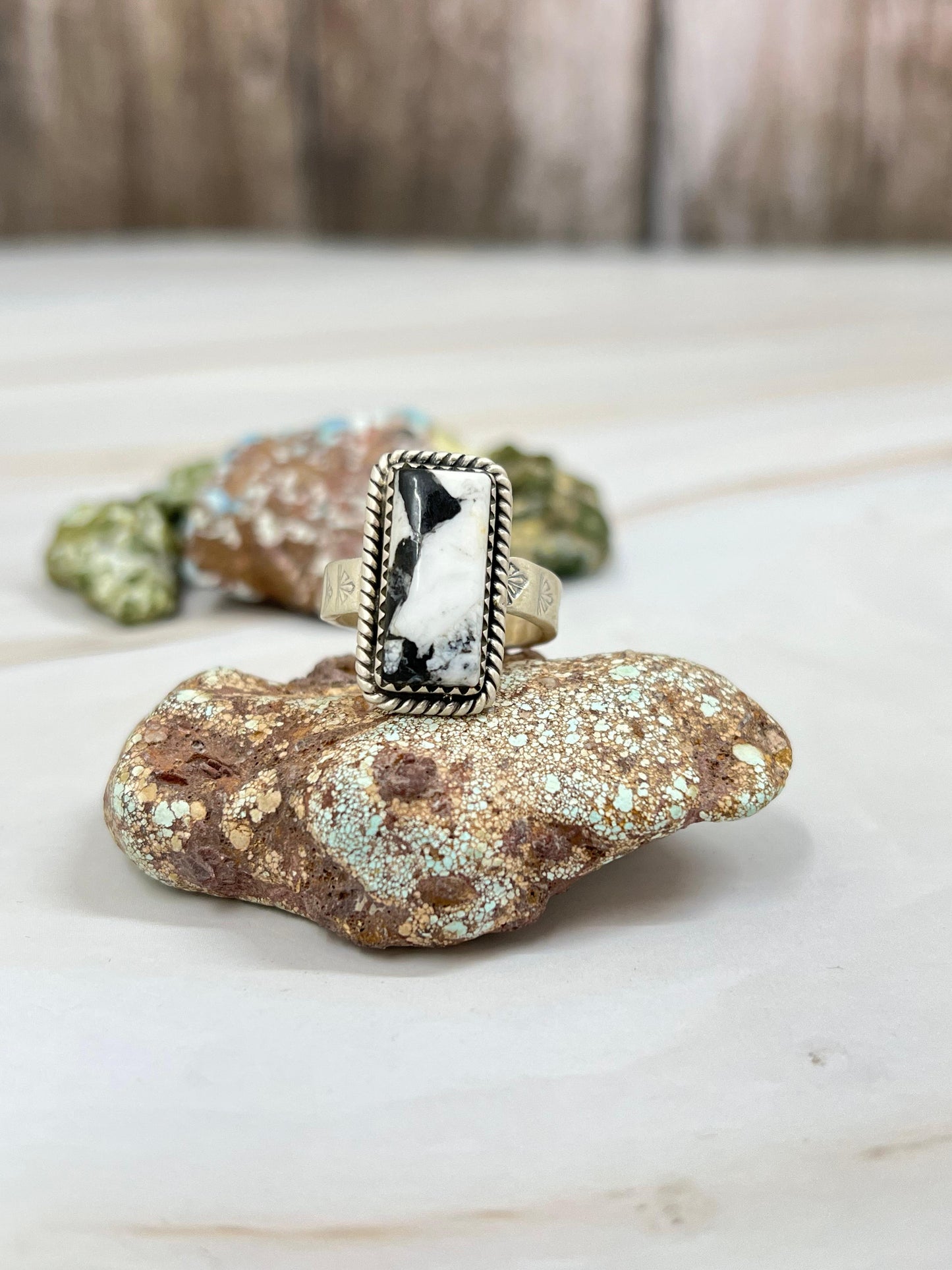 Handmade Sterling Silver White Buffalo Turquoise Adjustable Ring with Signed Nizhoni