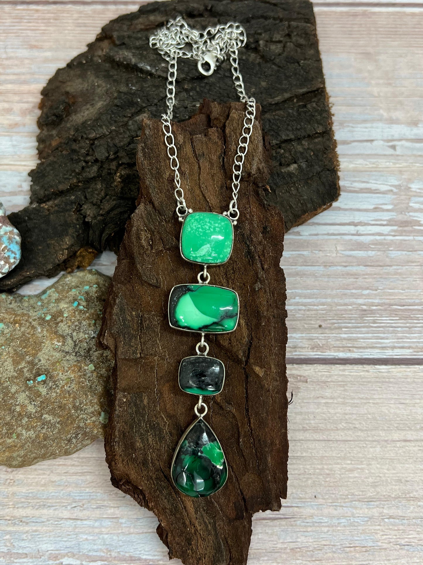 Handmade Sterling Silver Emerald Rose Necklace with Signed Nizhoni
