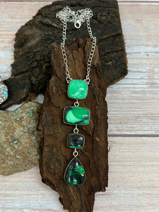 Handmade Sterling Silver Emerald Rose Necklace with Signed Nizhoni