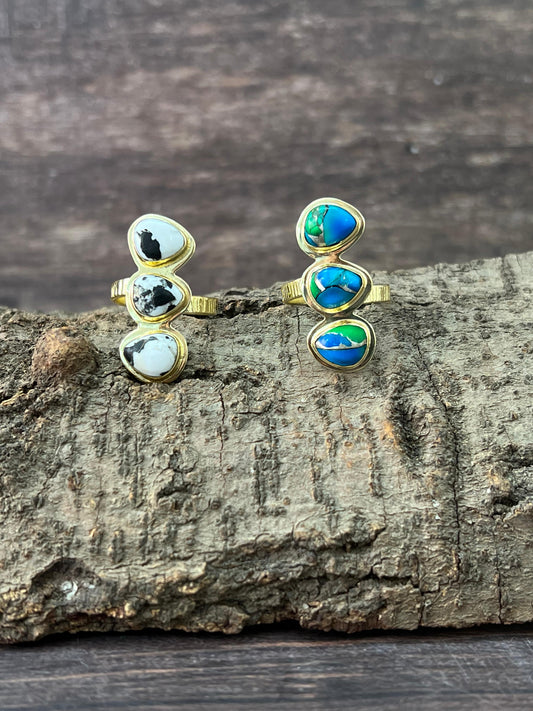 “The Golden Collection” Natural White Buffalo, Peacock Dahlia Adjustable Ring