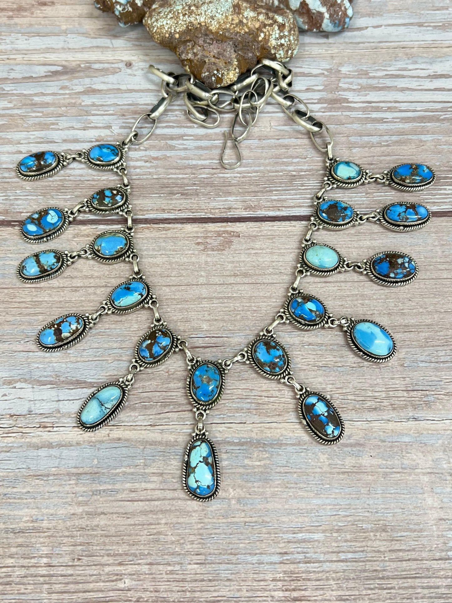 Handmade Sterling Silver Golden Hills Turquoise Necklace with Signed Nizhoni