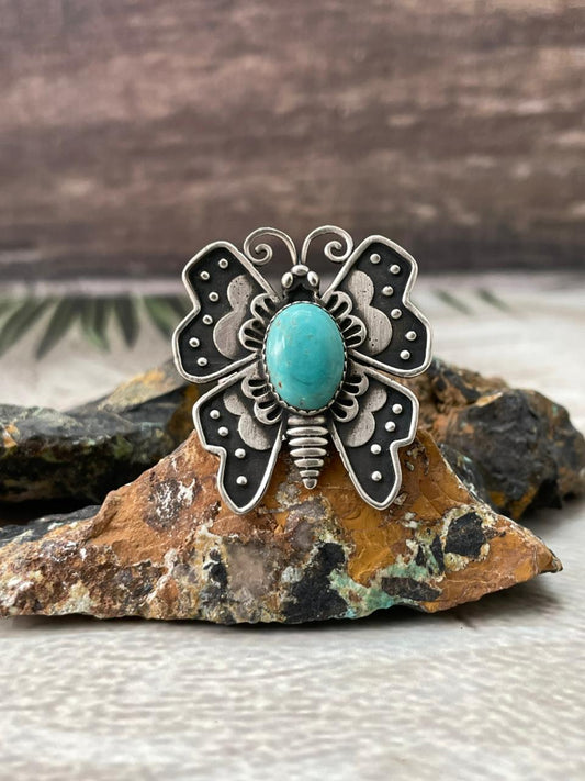 Handmade Sterling Silver Kingman Turquoise Butterfly Adjustable Ring "Signed Nizhoni"
