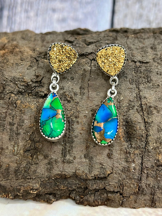 Handmade Sterling Silver Peacock Dahlia with Druzy Dangle Earrings with Signed Nizhoni