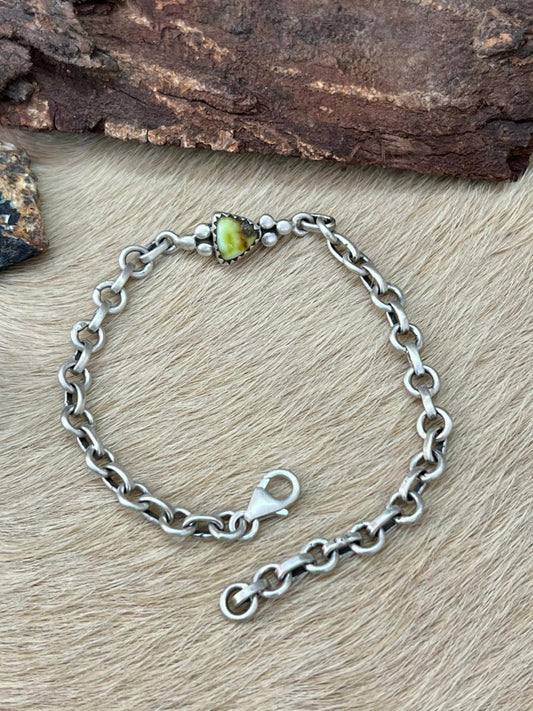 Handmade Sterling Silver Palomino Turquoise Chain Bracelet "Signed Nizhoni"