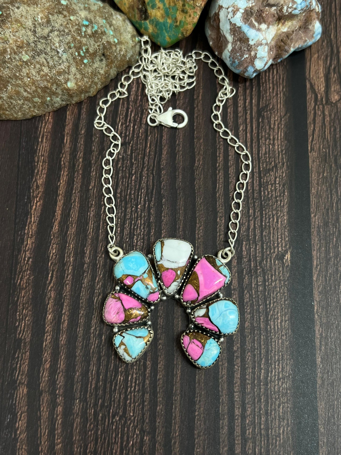 Handmade Sterling Silver Cotton Candy Turquoise Necklace with Signed Nizhoni
