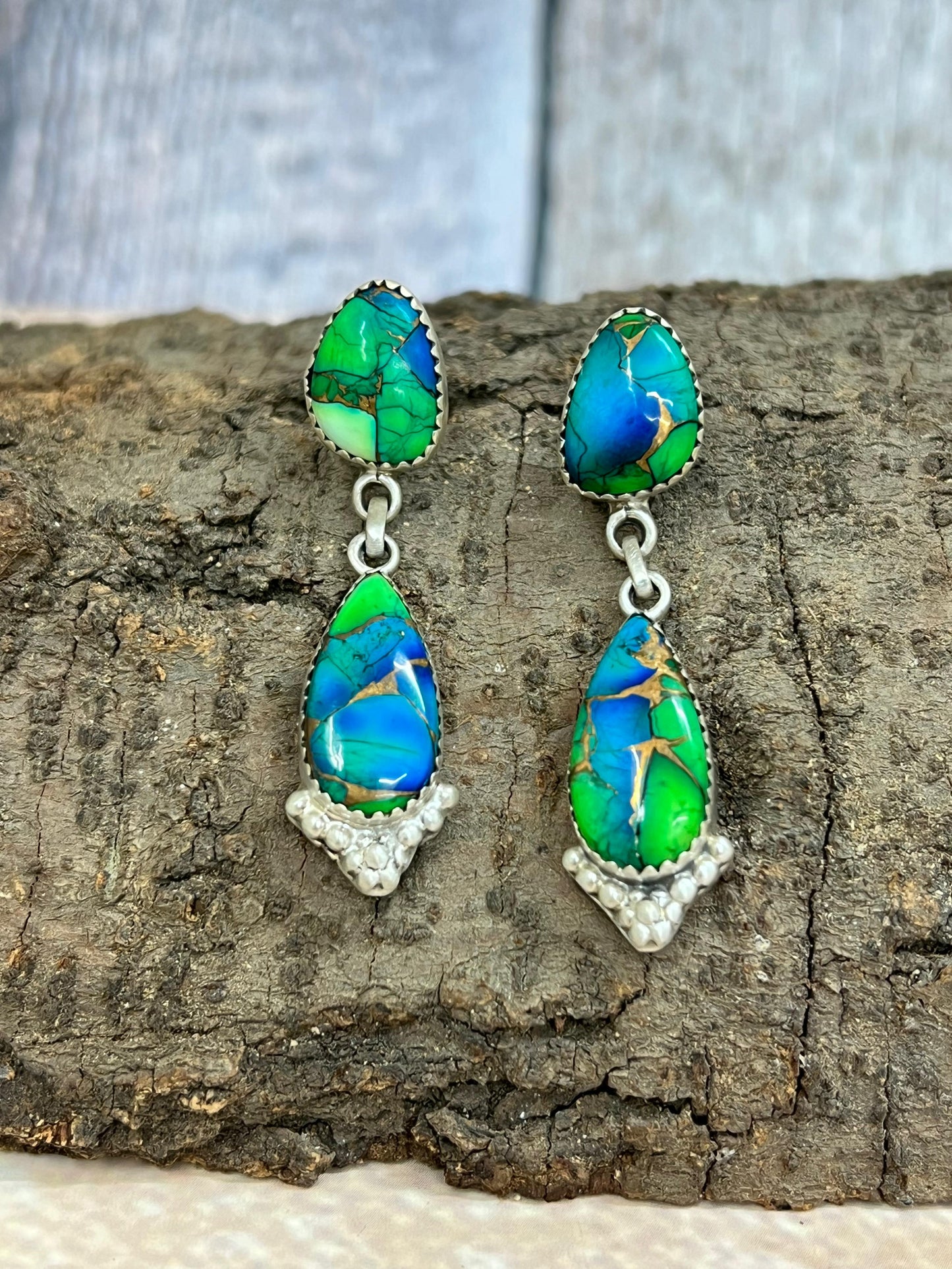 Handmade Sterling Silver Peacock Dahlia Post Earrings with Signed Nizhoni