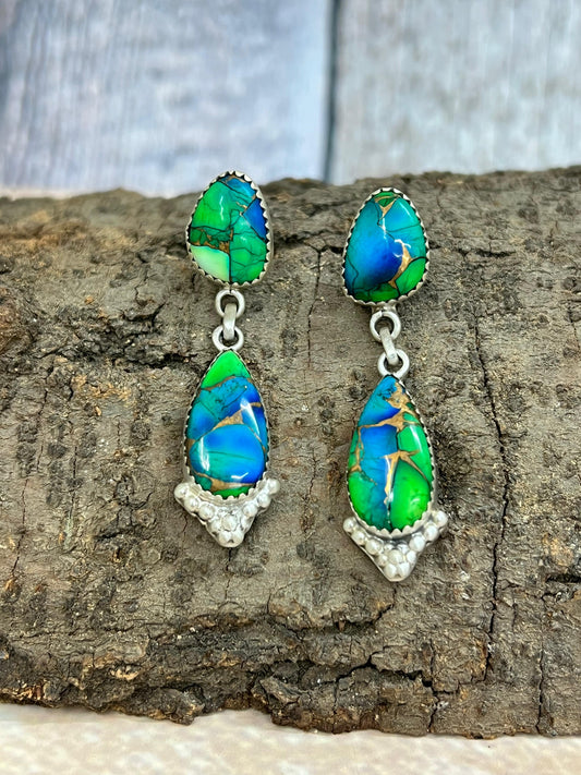 Handmade Sterling Silver Peacock Dahlia Post Earrings with Signed Nizhoni
