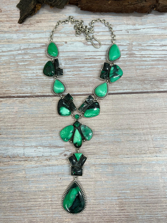 Handmade Sterling Silver Emerald Rose Necklace with Signed Nizhoni