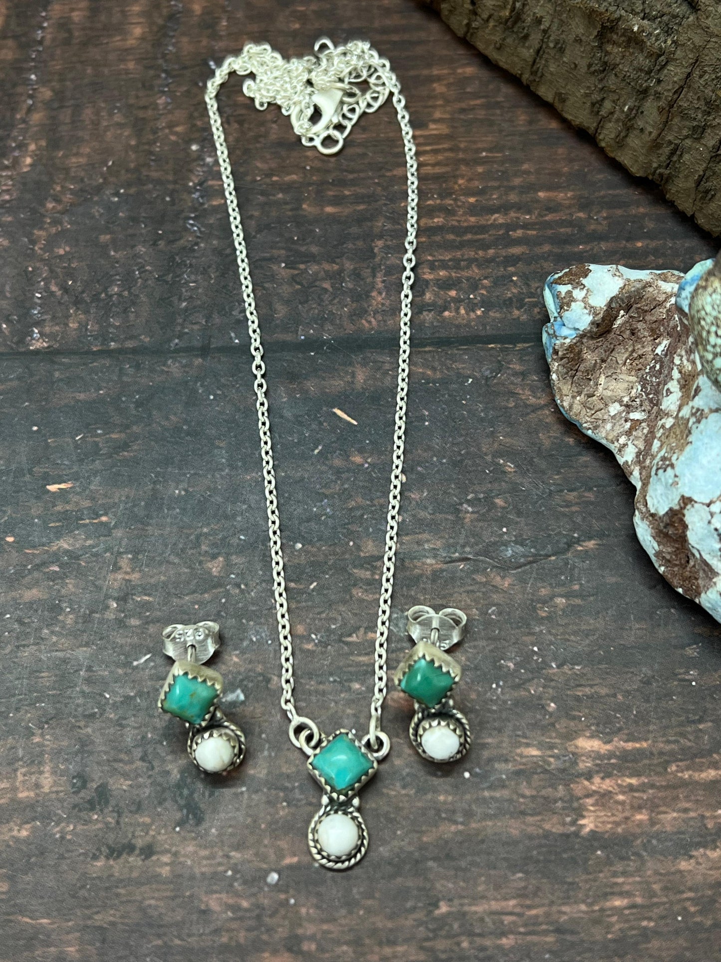 Handmade Sterling Silver Kingman with White Buffalo Necklace Earrings Set with Signed Nizhoni