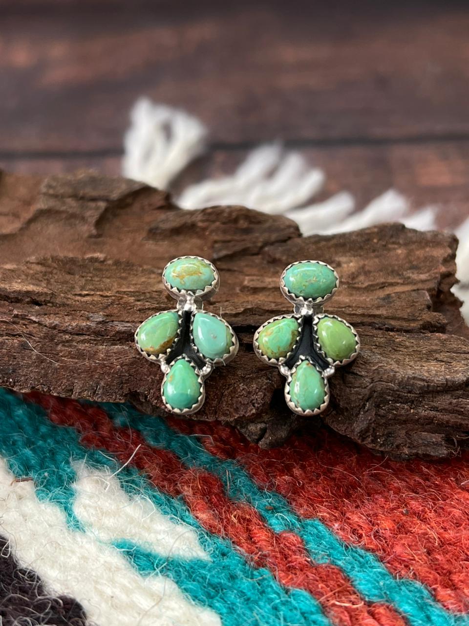Handmade Sterling Silver Kingman Turquoise Post Studs "Signed Nizhoni" (10)