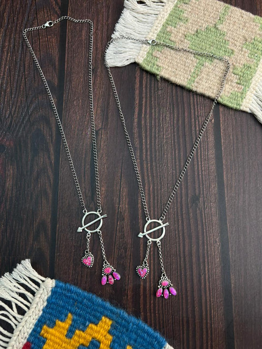 "Heart Collection" Handmade Sterling Silver Hot Pink Lariat Necklace "Signed Nizhoni"