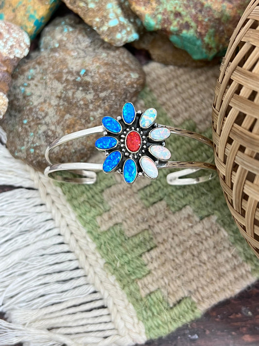 ** 4TH OF JULY ** Handmade Sterling Silver Synthetic Opal Cuff Bracelet with Signed Nizhoni