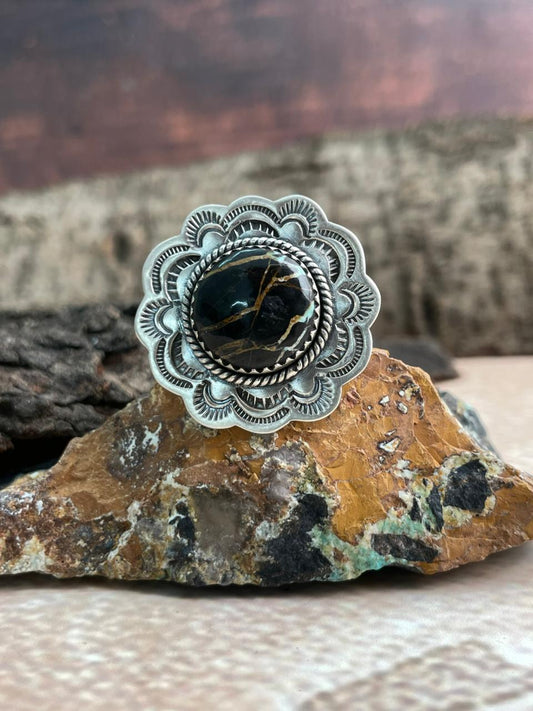 Handmade Sterling Silver Blackjack Turquoise Adjustable Ring "Signed Nizhoni" (6)
