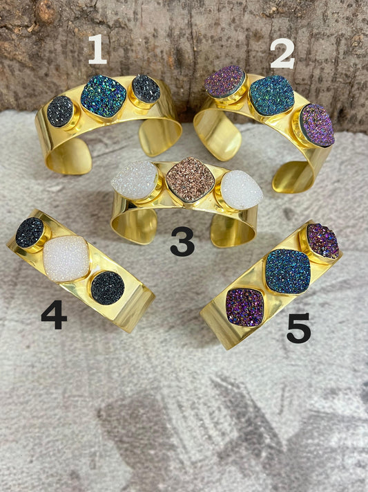 “The Boho Collection” Handmade Natural Gold Plated 3 Stone Druzy Cuff Bracelet