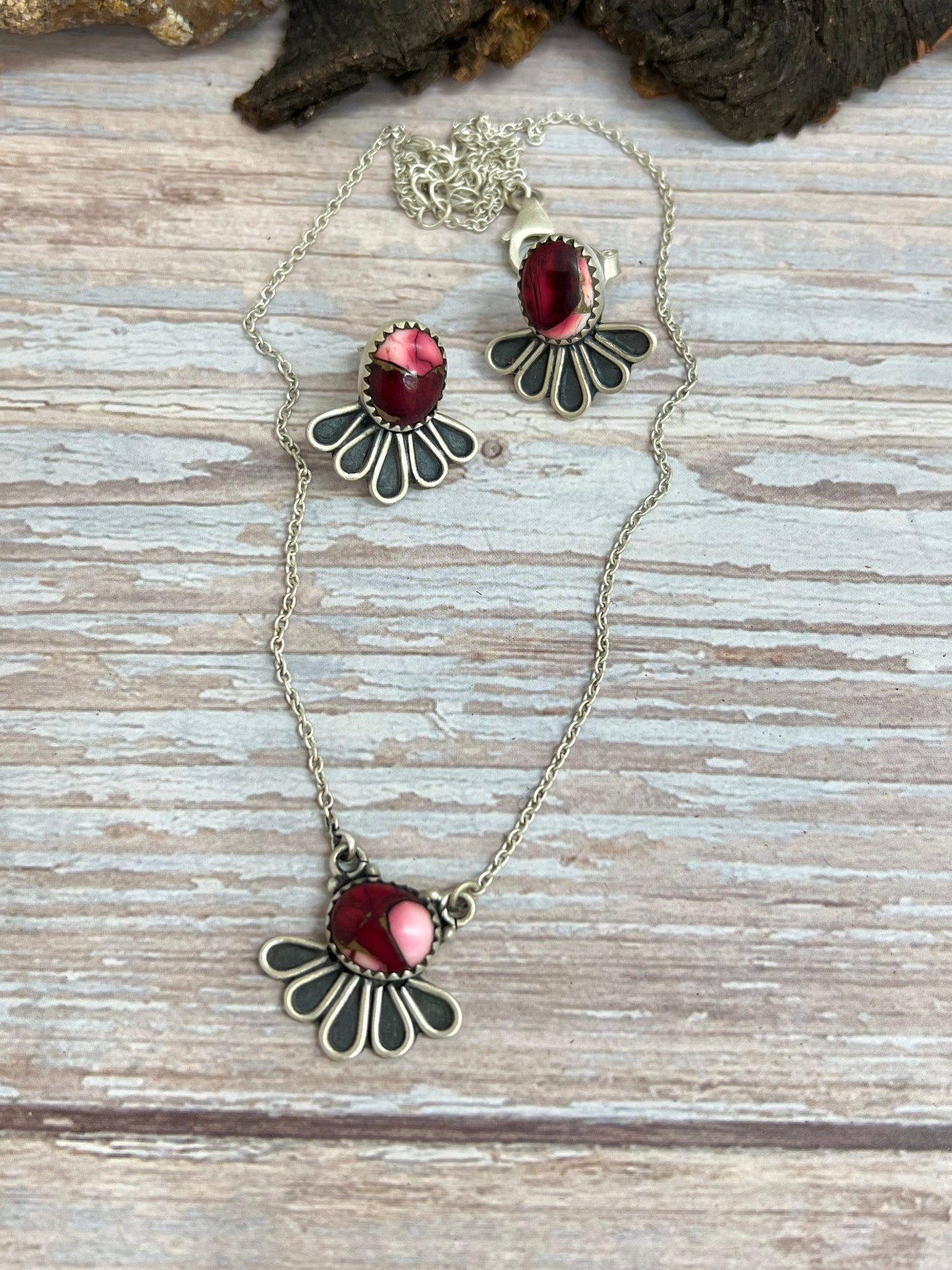 Handmade Sterling Silver Dahlia Rose Necklace Earrings Set, Signed Nizhoni