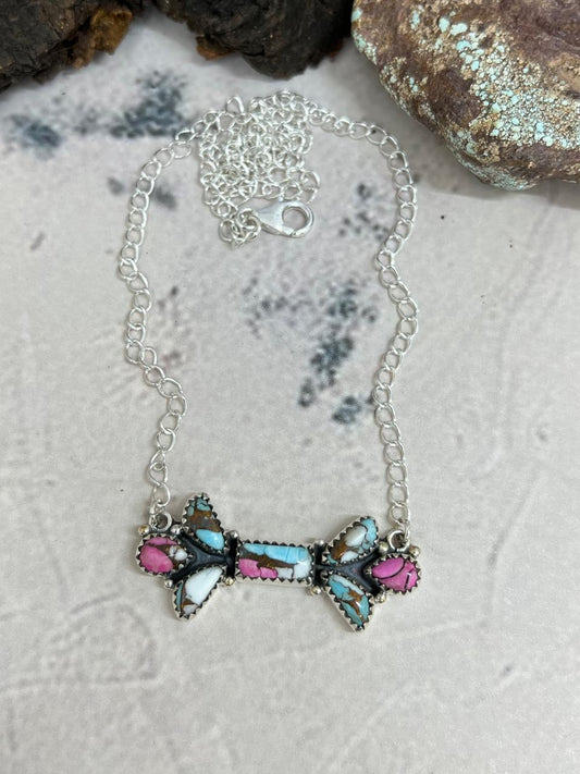 Handmade Sterling Silver Cotton Candy Turquoise Necklace with Signed Nizhoni