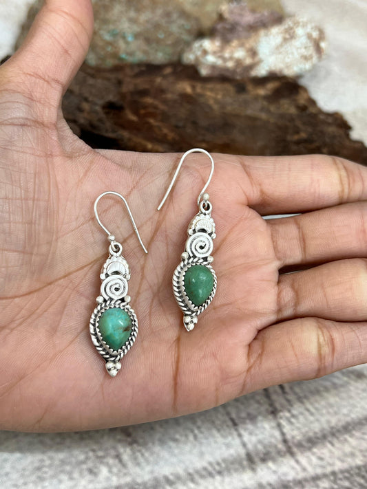 Handmade Sterling Silver Kingman Turquoise Hoop Dangle Earrings with Signed Nizhoni