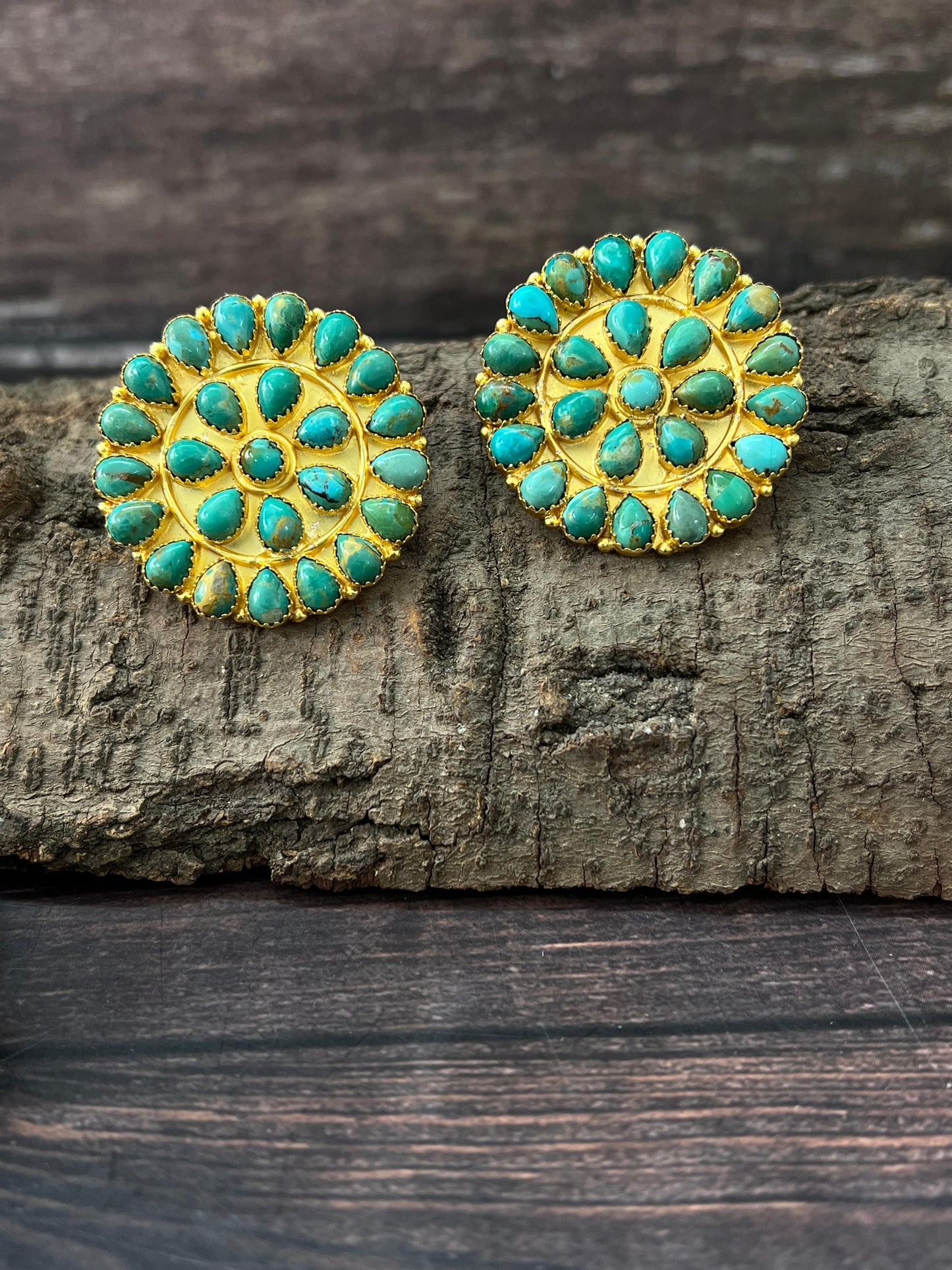 “The Golden Collection” Handmade Natural Kingman Turquoise Gold Plated Sterling Silver Cluster Post Earrings