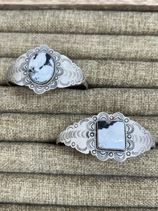Handmade Sterling Silver White Buffalo Turquoise Cuff Bracelet with Signed Nizhoni