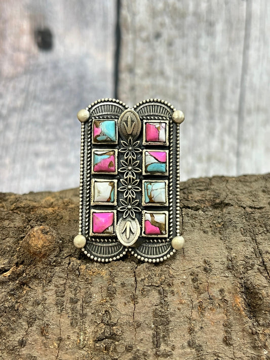 Handmade Sterling Silver Cotton Candy Turquoise Adjustable Rings with Signed Nizhoni