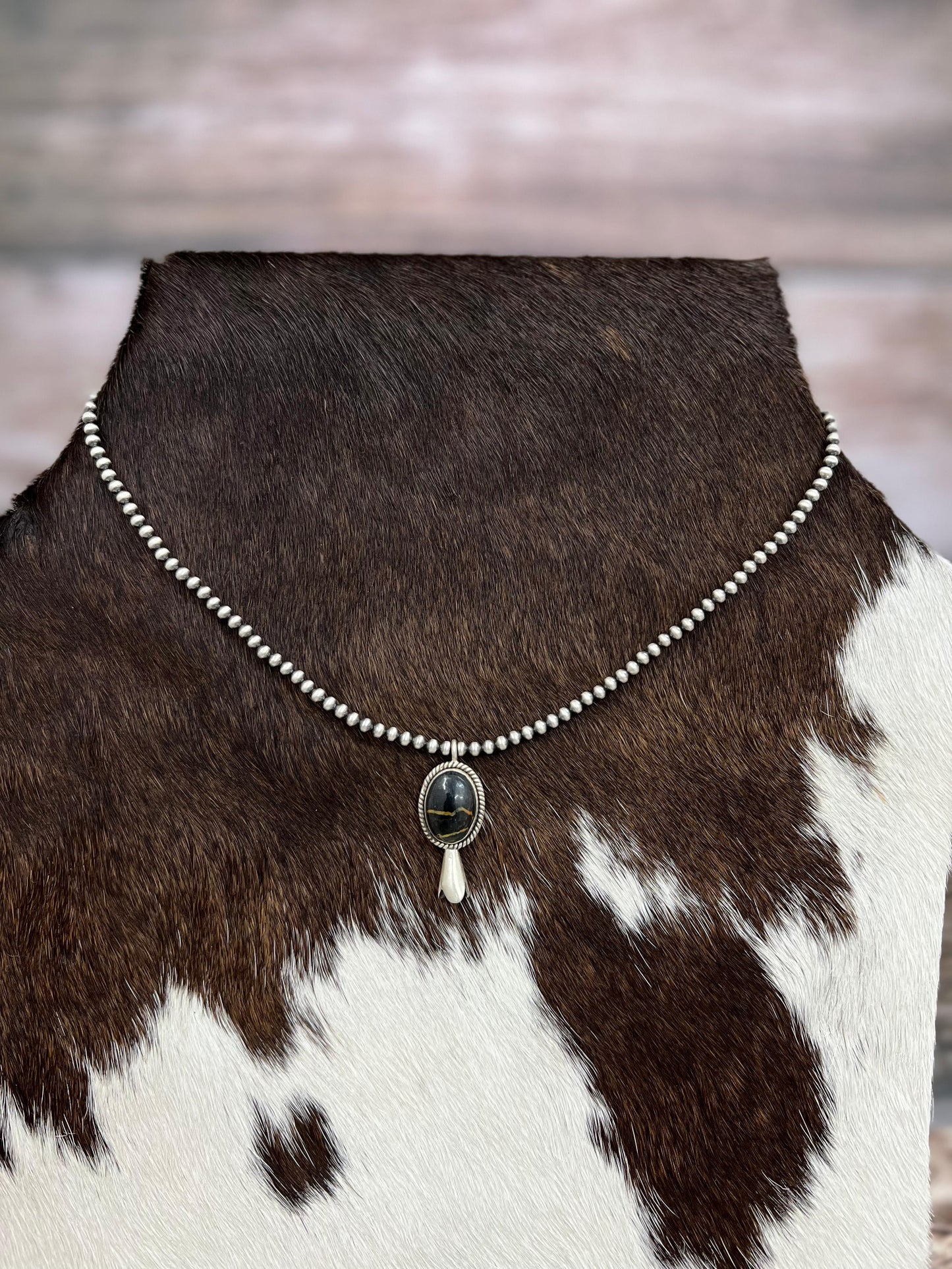 Handmade Sterling Silver Beaded Blackjack Turquoise Blossom Necklace Signed Nizhoni