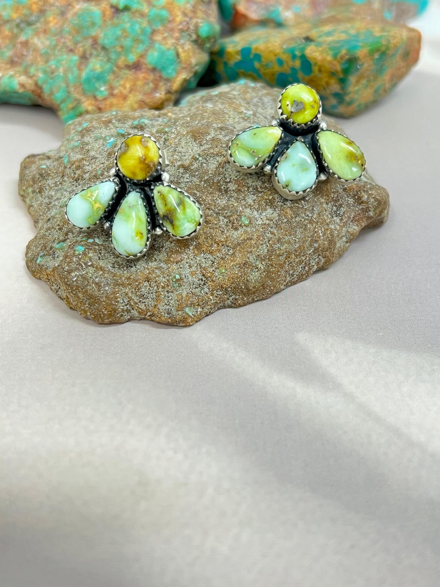 Handmade Sterling Silver Palomino Turquoise 4 Stone Post Studs with Signed Nizhoni